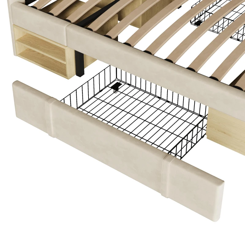 Cama de casal 140x200 estofada com estrado de ripas, cabeceira curva regulável em 3 alturas, sem colchão, 207x151x120 cm, Bege