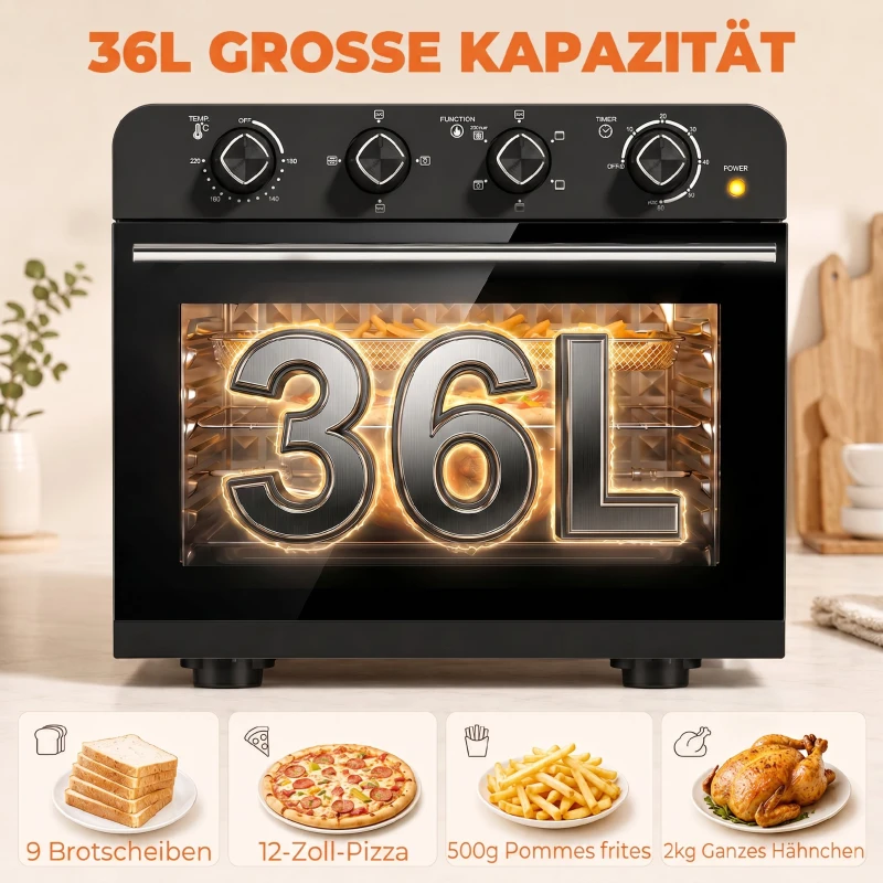 HOMCOM Heißluftfritteusen-Backofen mit Umluft und Drehspieß-Set, Temperaturregler, Timer, 1800 W