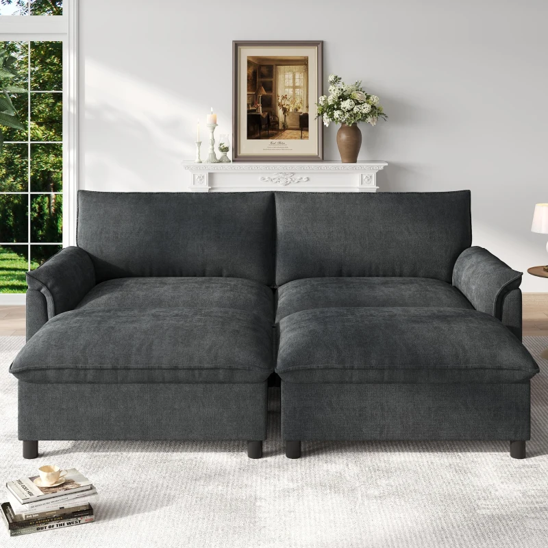 Divano a U con pouf poggiapiedi flessibile e vano portaoggetti nascosto, 216x77x82 cm, Nero