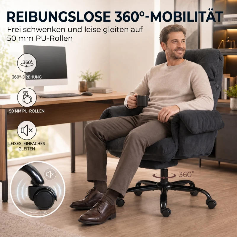 HOMCOM Bürostuhl mit verstellbarer Rückenlehne, rollbarer Polsterstuhl, Polstersessel, höhenverstellbar, Stahl, Dunkelgrau