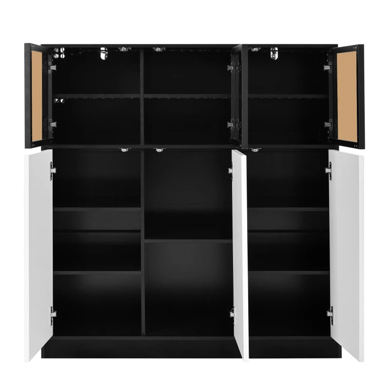 Aparador-armário de cozinha com iluminação LED, 3 portas de vidro, 3 portas brancas e 14 compartimentos, 100x40x105 cm, Branco