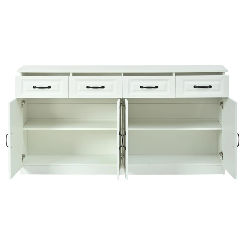 Aparador com 4 gavetas e 4 portas, muito espaço de arrumação e ampla superfície de trabalho, 4 prateleiras, 160x35x80 cm, Branco