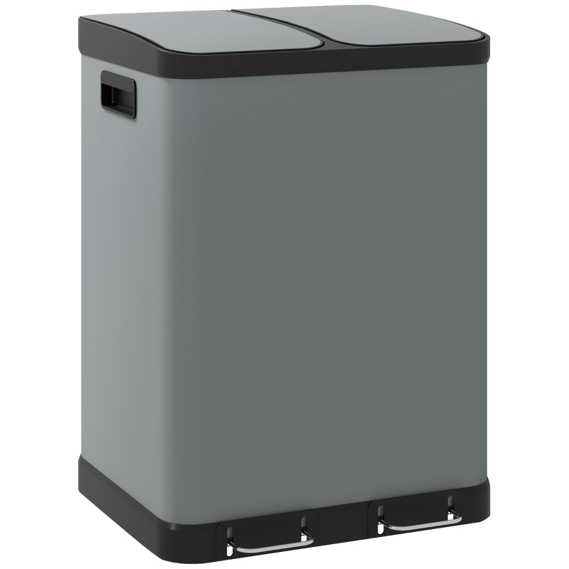 HOMCOM Dubbele Sector Prullenbak, 2 x 30L, Vingerafdrukbestendig, Pedaal, Uitneembare Binnenemmers, Grijs