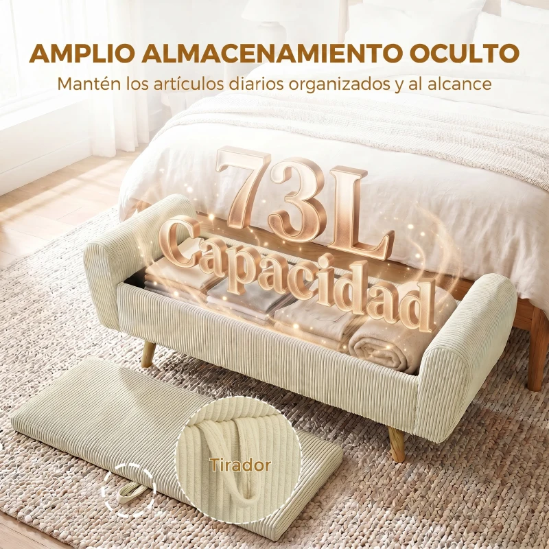 HOMCOM Banco Almacenaje 150 cm Tapizado en Pana Banco Pie de Cama con Brazos Redondeados y Patas de Madera Beige