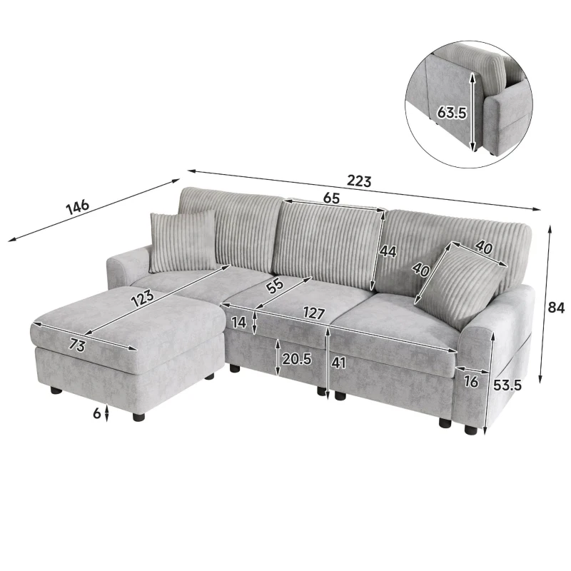 Divano moderno con pouf poggiapiedi, ricarica laterale doppia e 2 cuscini quadrati, 223x146x84 cm, Grigio