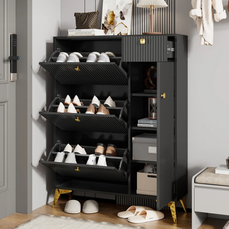 Armadio scarpiera con 3 ante a ribalta salvaspazio dal design moderno, 90x25x121 cm, Nero