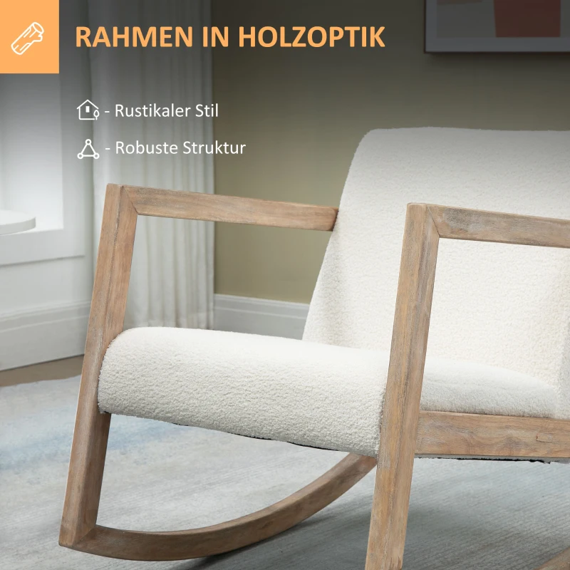 HOMCOM schommelstoel met houten frame, gestoffeerd, relaxstoel, fauteuil, woonkamerstoel, salon met gestoffeerde zitting, rubberhout, crème wit, 60 x 81 x 71 cm(m-6)