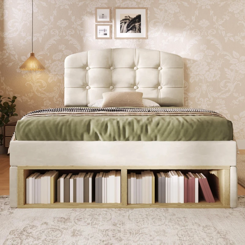 Cama tapizada 90x200 con ajuste de altura en 3 niveles, cajones integrados y compartimentos de almacenaje, 207x101x120 cm, Beige