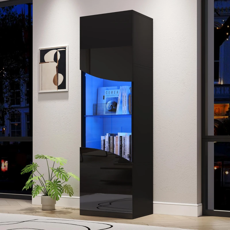 Vitrine para sala de estar, design estreito e alto com amplo espaço de arrumação, 35x50x165 cm, Preto