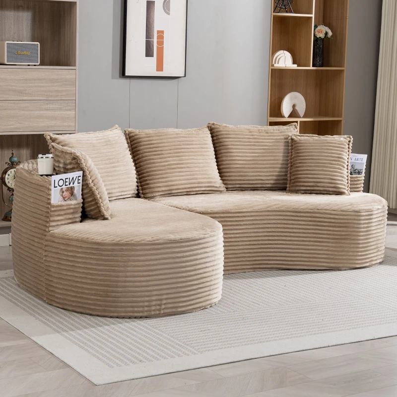 Bogesofa imbottito con portabicchieri su entrambi i lati, cuscini e tasca laterale, 250x152x82 cm, Kaki