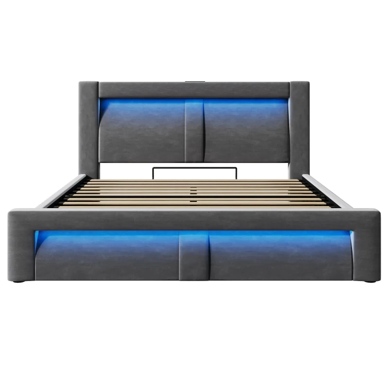 Letto matrimoniale contenitore 140x200 cm con leva idraulica, testiera LED e 4 porte di ricarica, 217x143x107 cm, Grigio