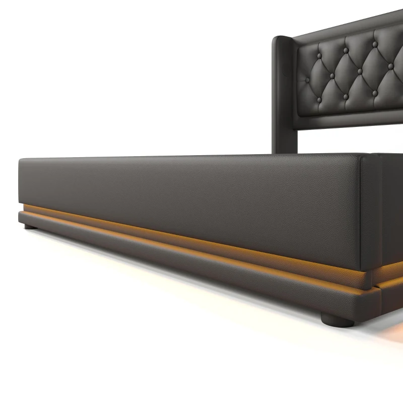 Cama estofada cama de casal 180x200 cm com arrumação hidráulica, estrutura de aço estável, revestimento em PU fácil de limpar, sem colchão, 210x190x101 cm, Preto