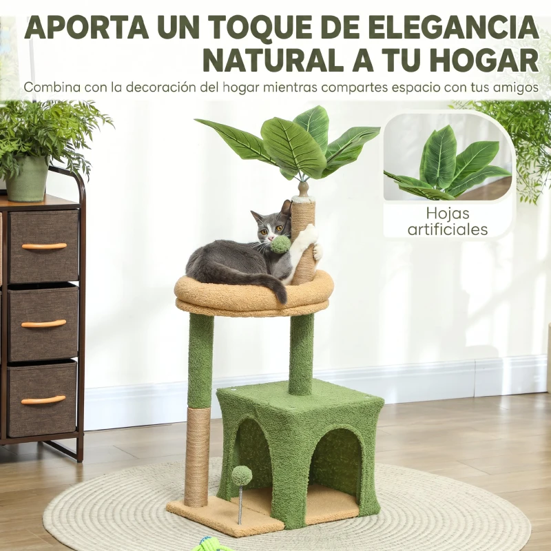 PawHut Árbol Rascador para Gatos 98 cm con Hojas Artificiales Cueva Cama Postes Rascadores 2 Bolas Cubierto Terciopelo Verde