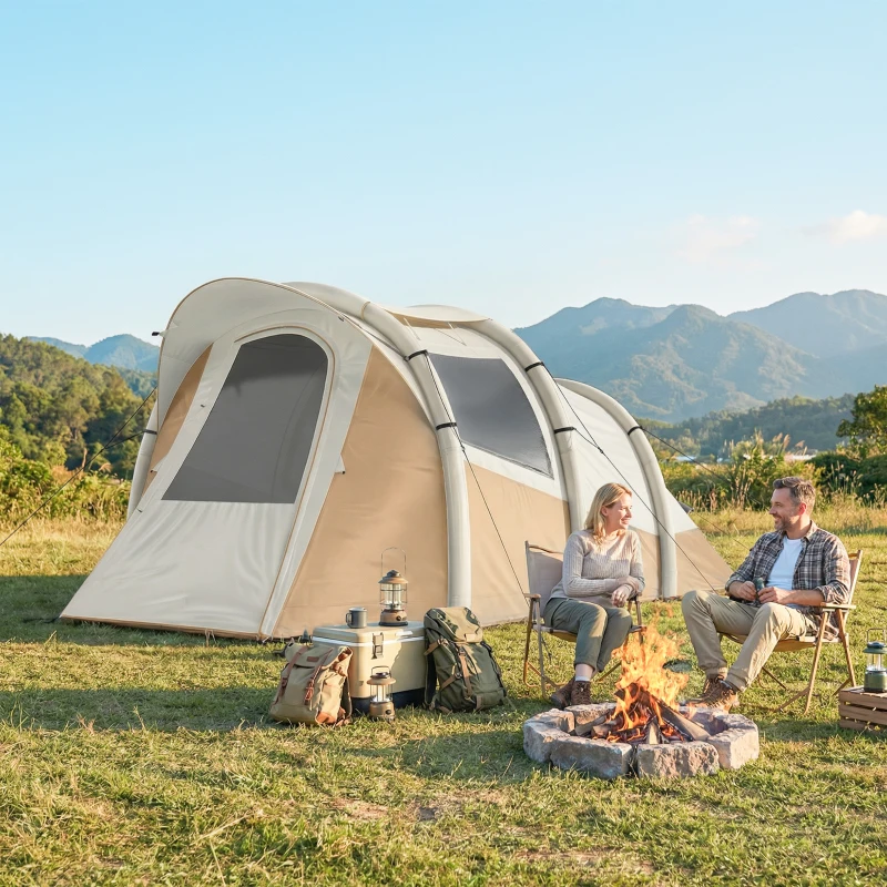 Outsunny Inflatable Camping Tent w/ Air Pump, Easy Setup 2-3 Person Blow Up Tent, Khaki