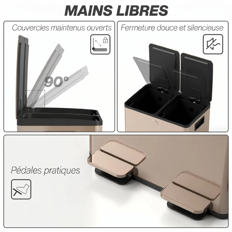 HOMCOM Poubelle de cuisine 2 compartiments de 2 x 28L, acier inoxydable, couvercle à fermeture douce, 45,8x36x67,6cm, or