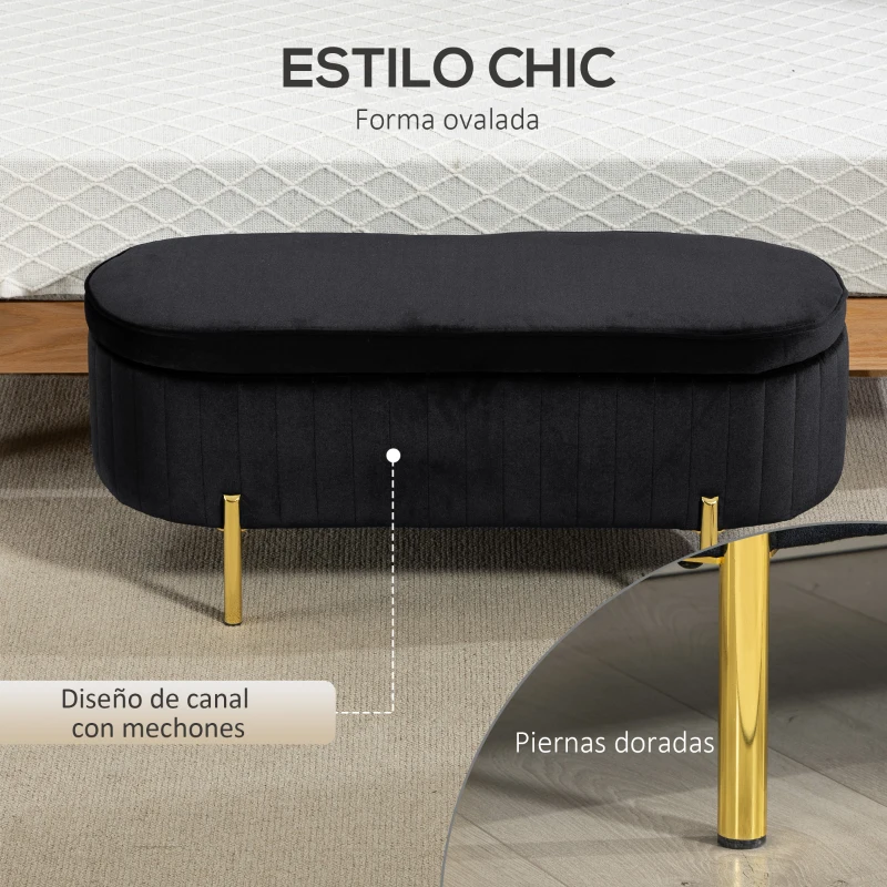 HOMCOM Banco Arcón de Entrada Ovalado 72 L con Tapa Abatible Asiento Acolchado en Terciopelo Negro