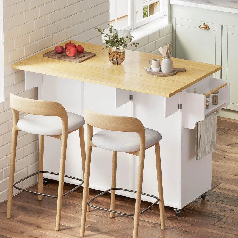 Isla de cocina móvil con encimera abatible, superficie adicional para comer y trabajar para 2–4 personas, 120x70x92 cm, Blanco