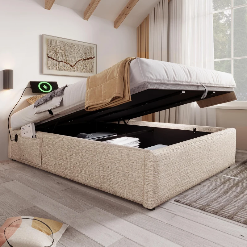 Cama estofada Cama de casal 160×200 cm, Cama com arrumação e pistões hidráulicos silenciosos, sem cabeceira, 202x161x29 cm, Bege+Cor natural