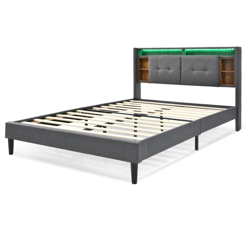 Cama doble tapizada con cabecero con almacenaje, somier de lamas de madera maciza y metal, para colchón 160X200 cm, sin colchón, 223x169x107 cm, Gris