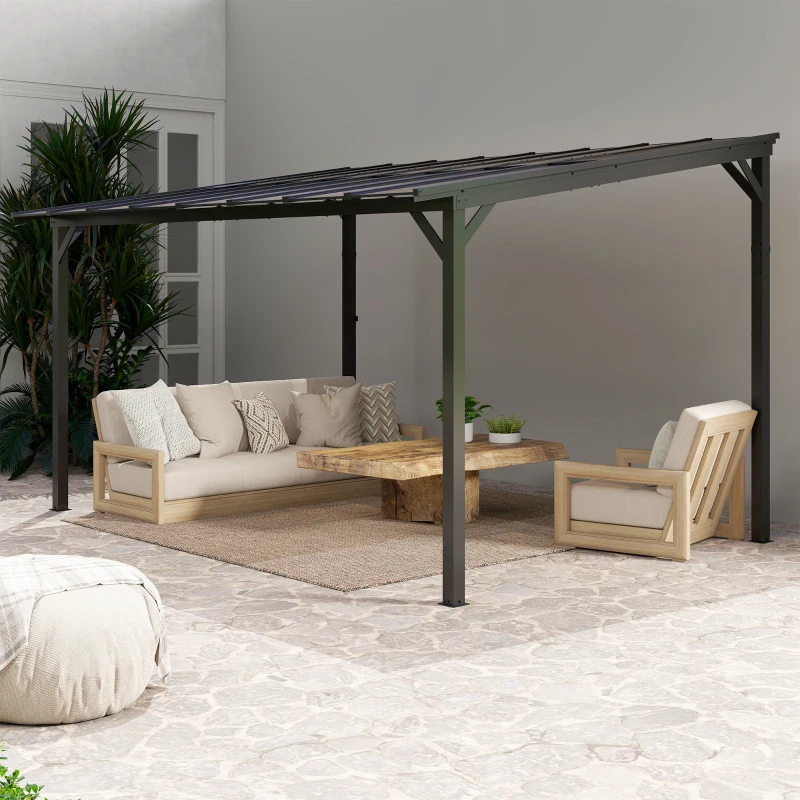 Outsunny Terrasoverkapping ca. 3 x 4,3m vrijstaande terrasoverkapping met hellend polycarbonaat-dak voor wandmontage Donkergrijs