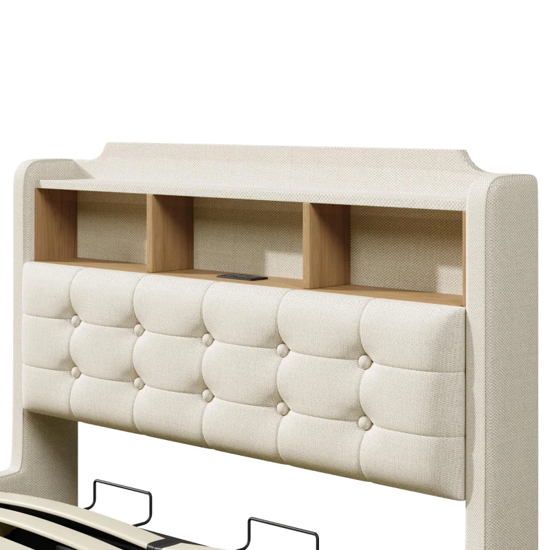 Letto imbottito contenitore con striscia LED luminosa e deisgn sospeso, 217x141x110 cm, Beige