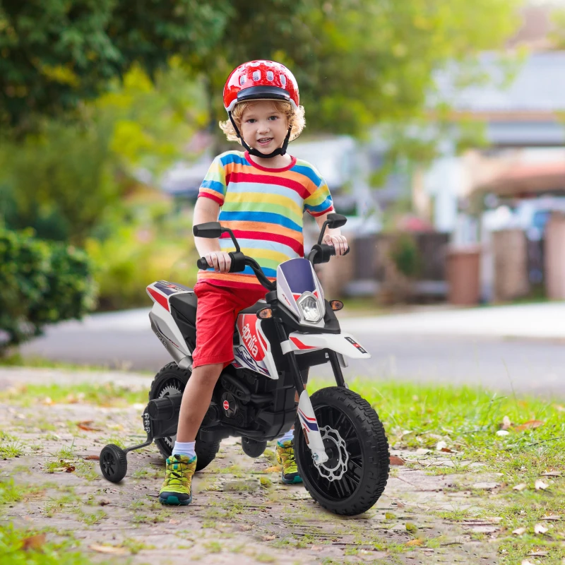 AIYAPLAY Moto électrique enfants sous licence Aprilia avec 2 moteurs 12V, roues d'entraînement, lumière LED, musique - blanc