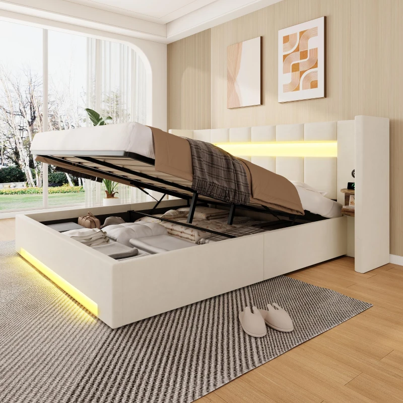 Struttura letto in velluto con striscia LED e comodini integrati, 225x212x103 cm, Beige