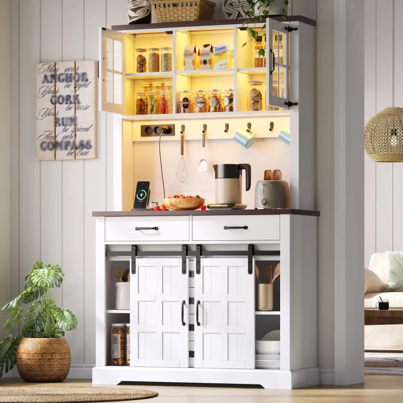 Armario de cocina, superficie de trabajo multifuncional, estantes ajustables, ganchos de acero inoxidable, sistema anti-vuelco, 108x40x180 cm, Blanco