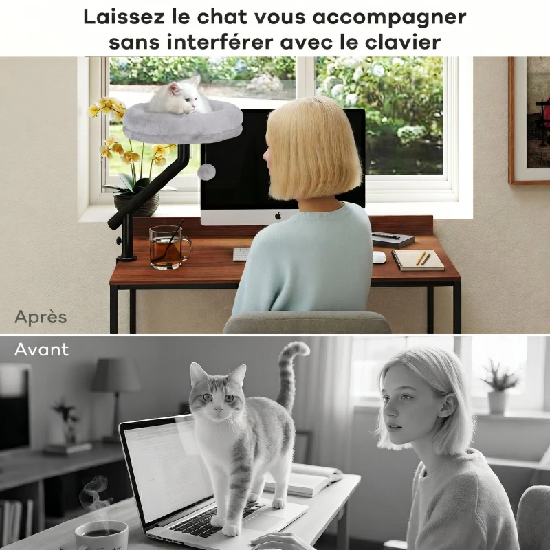 PawHut Lit de Bureau pour Chat Rotation de 360° et Hauteur Réglable, Lit pour Chat Lavable avec Balle Jouet,  35x35x48cm, Gris