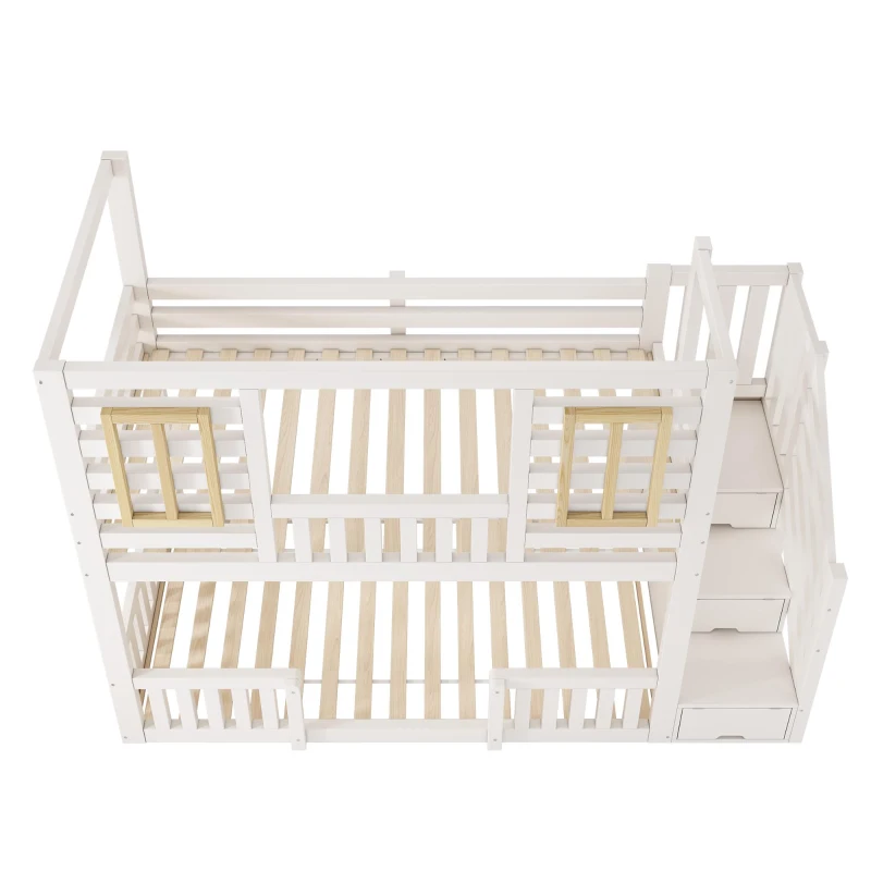 Cama de beliche estilo cabana, escada com armário e arrumação, 2 áreas de dormir de 90X200 cm cada, 254x95x170 cm, Branco