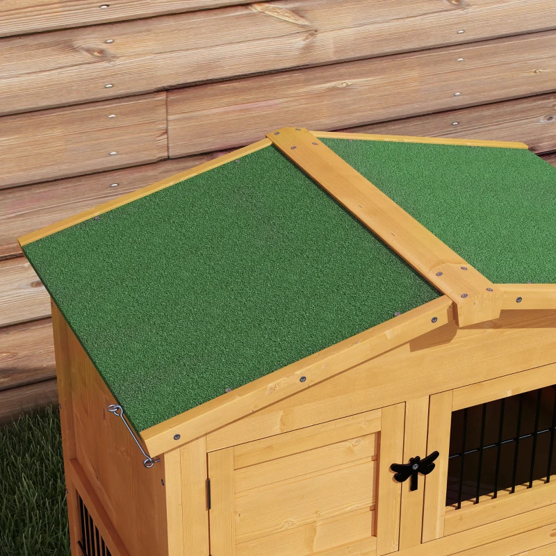 PawHut Konijnenhok 2 Verdiepingen Tannenhout Winterbestendig Dubbeldeks met Vrijloopgehege Helling 150x52x68 cm Geel