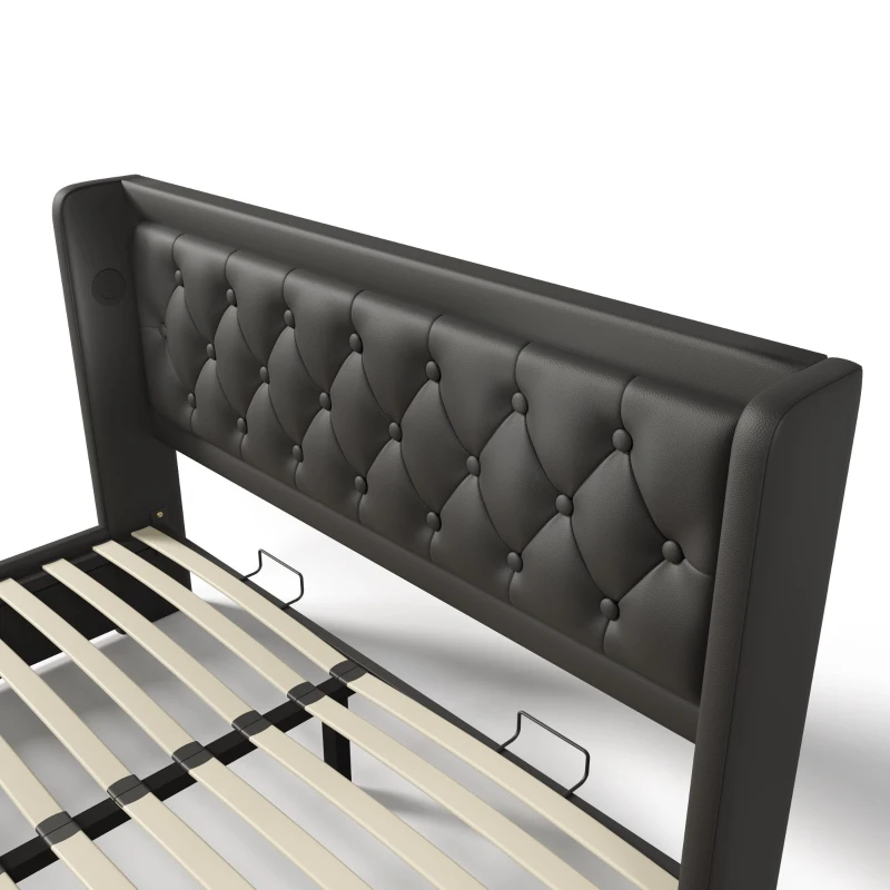 Letto matrimoniale imbottito 180x200 cm con leva idraulica, struttura in acciaio e rivestimento in PU, 210x190x101 cm, Nero