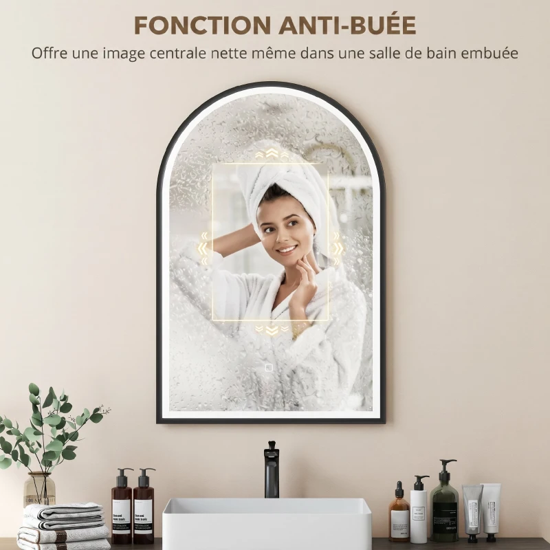 HOMCOM Miroir Salle de Bain avec Éclairage 60 x 90 cm, Miroir LED Arqué, Anti-Buée, 3 Couleurs Lumière, Dimmable, Mémoire, Noir