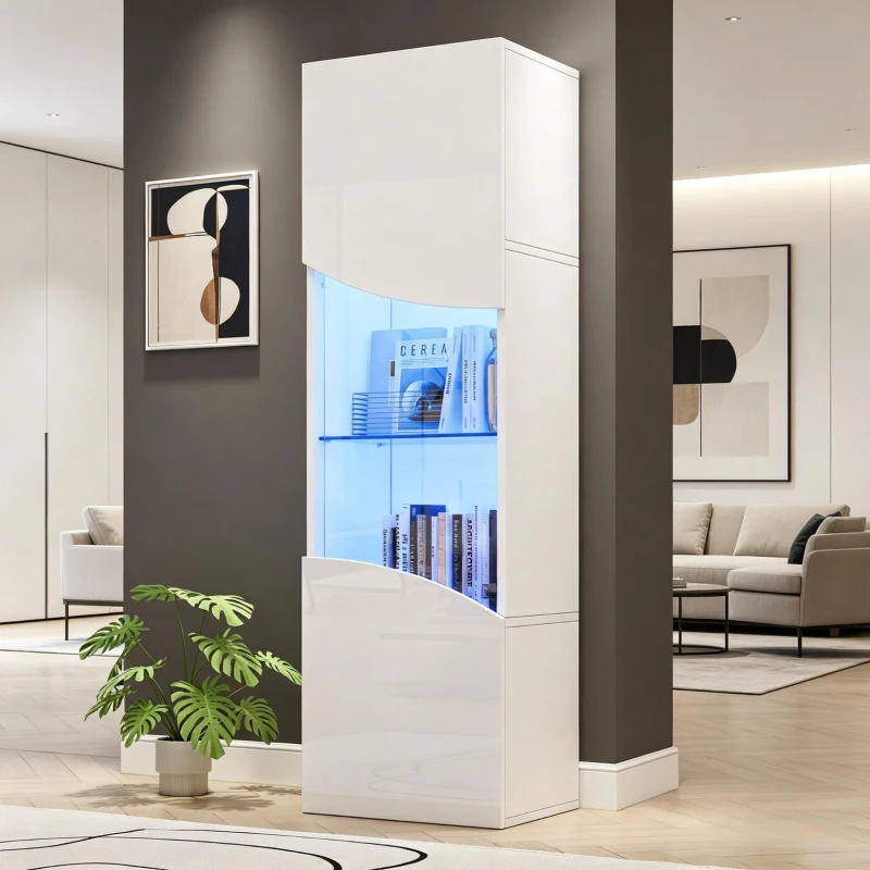 Vitrine para sala de estar, design estreito e alto com amplo espaço de arrumação, 35x50x165 cm, Branco