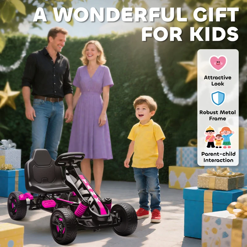 AIYAPLAY Kart à pédales pour enfants, karting enfant 3 à 6 ans avec roue libre, frein, roues EVA antidérapantes, rose