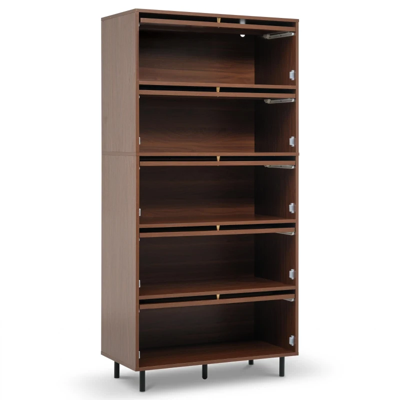 Aparador com 5 portas basculantes, muito espaço de arrumação e frente em rattan, 80x40x163 cm, Cor natural