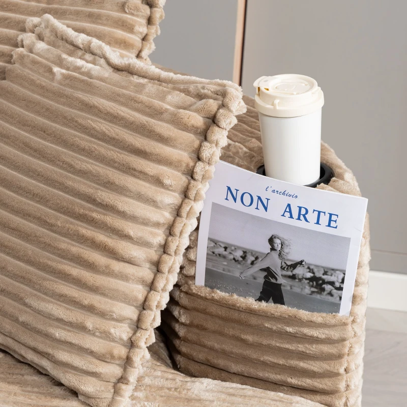 Bogesofa imbottito con portabicchieri su entrambi i lati, cuscini e tasca laterale, 250x152x82 cm, Kaki