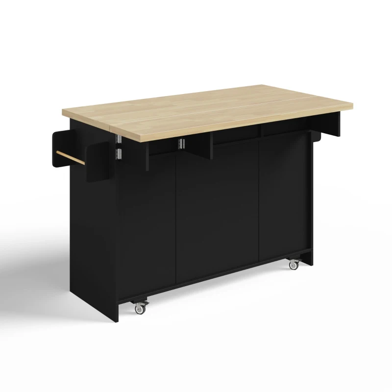 Ilha de cozinha móvel com tampo rebatível, rodízios com travão 360°, para 2–4 pessoas, 120x70x87 cm, Preto