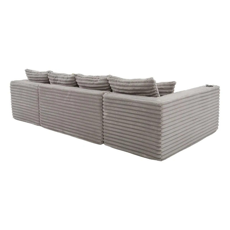 Divano a U in velluto a coste con portabicchieri integrato e tasca laterale, imbottitura a molle, 320x155x88 cm, Grigio chiaro
