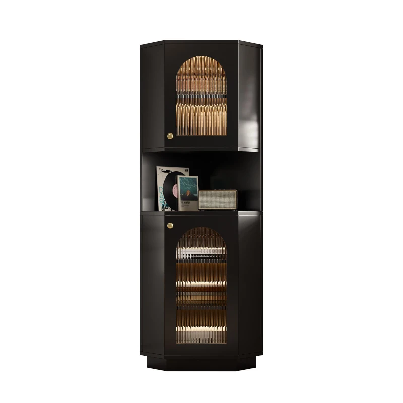 Armario de baño de esquina con tira LED, moderno, compacto y resistente a la humedad, 45x45x166,5 cm, Negro