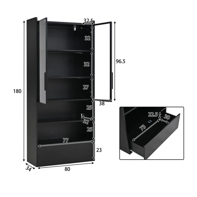 Vitrine alta, iluminação LED controlada por app, 6 prateleiras, 80x34x180 cm, Preto