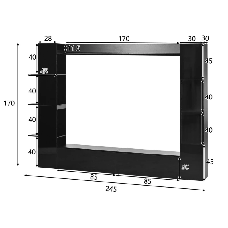 Mueble de salón compacto de 4 piezas, mueble de TV integrado con vitrina y estanterías abiertas, gran capacidad de almacenaje, 245x30x170 cm, Negro