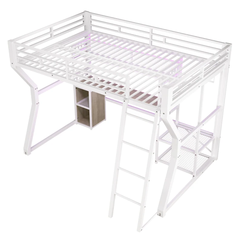 Cama alta 140x200 cm com secretária integrada, fita LED regulável e tomada integrada, 204x181,5x180 cm, Branco