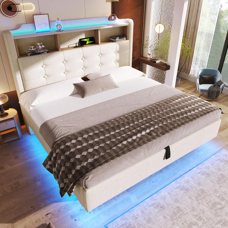 Cama estofada 140 × 200 cm, iluminação LED, design flutuante, sem colchão, 217x141x110 cm, Bege
