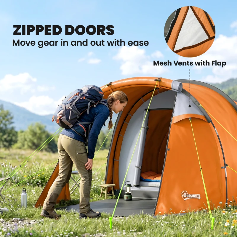 Outsunny 2 Man Tunnel Tent with Sewn-in Groundsheet, Air Vents, Rainfly, 2000mm Large Camping Tent with Bedroom, Porch, Living Area for Camping, Hiking, 426L x 206W x 154H cm, Orange