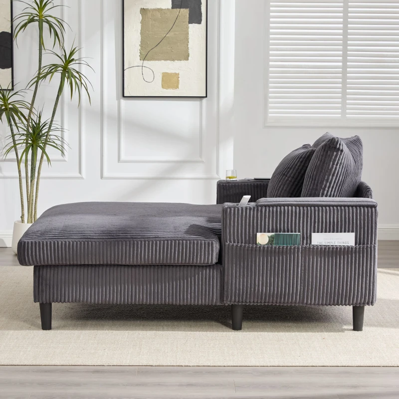 Chaise-longue multifuncional em veludo cotelê, porta-copos em ambos os lados e apoio de braço rebatível, 129x170x70 cm, Cinzento escuro