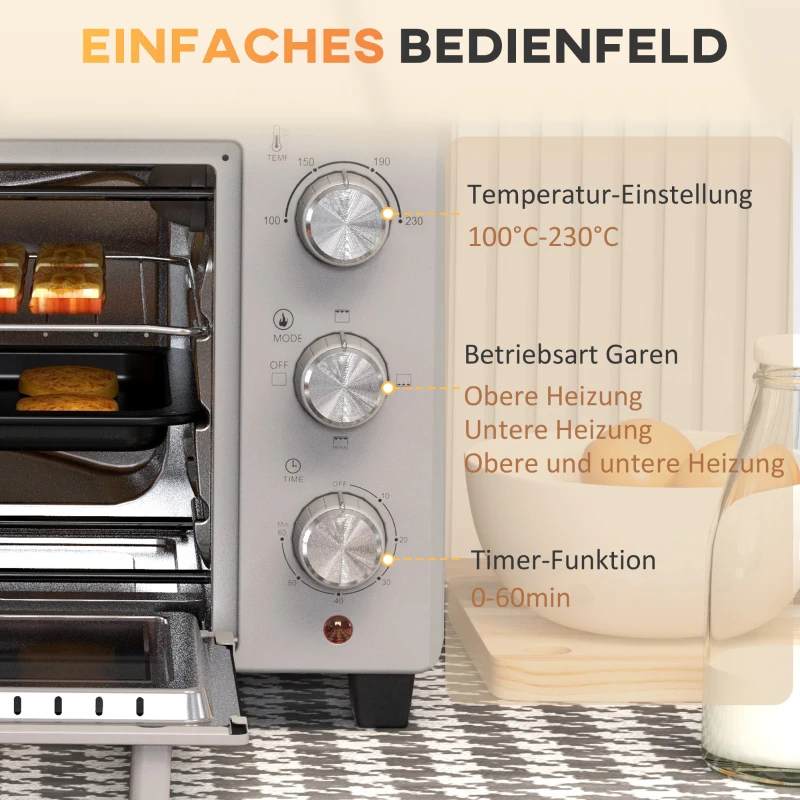 HOMCOM Mini-oven, 21 L broodrooster-oven met 1 draadrek en 1 bakplaat, 3 kookmodi, 100 °C-230 °C, roestvrij staal, glas, Zilver
