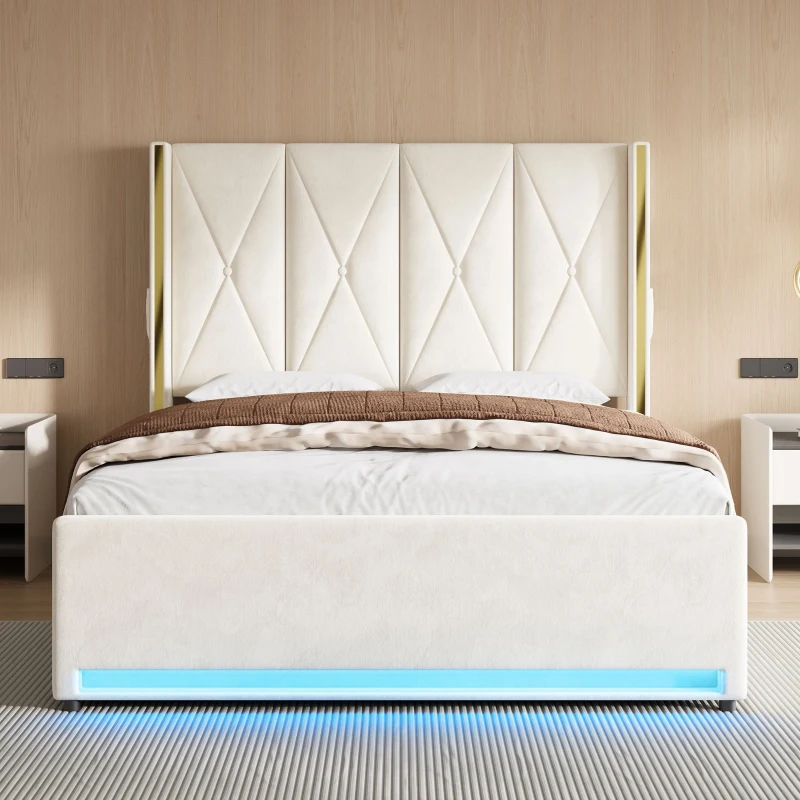 Cama de terciopelo con cabecero acolchado y capitoné, prácticos bolsillos laterales, para colchón 160L x 200AN cm, 170x213x141 cm, Beige