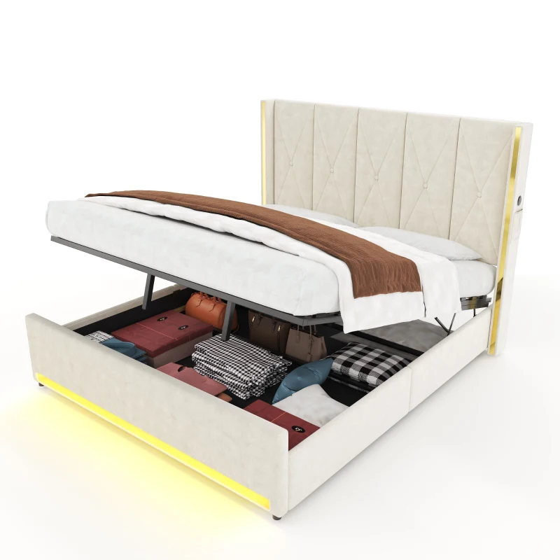 Cama de terciopelo con cabecero acolchado y capitoné, prácticos bolsillos laterales, apta para colchón 180x200 cm, 190x213x141 cm, Beige