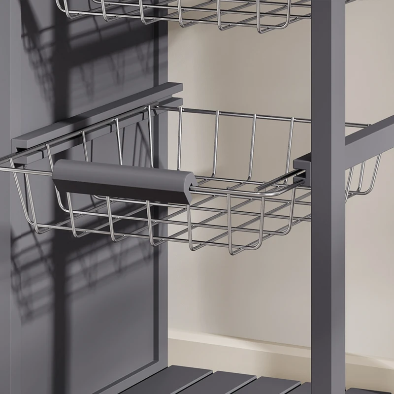 HOMCOM Bamboo Kitchen Island, Rolling Kitchen Trolley with Glass Door, 2 Metal Wire Baskets and Adjustable Shelf, Grey